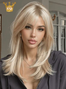 18英寸长直发浅金色假发，带刘海，层次分明，外观自然，耐热，适合女性日常佩戴、派对和时尚造型。