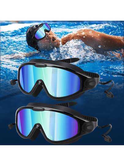 2 Anti-Fog Swimming Goggles With UV Protection, Leak-Proof Wide-Angle Lens, Suitable For Adults, Comfortable Fit, Earplugs And Nose Clip Included, Black Frame, Clear Vision Before Use, Removable.