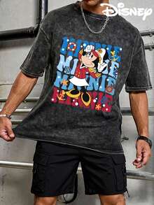 Disney UNIHLO  Mickey   Printed Summer Heavyweight Retro Washed Street Fashion Casual T-Shirt - Black - View 1