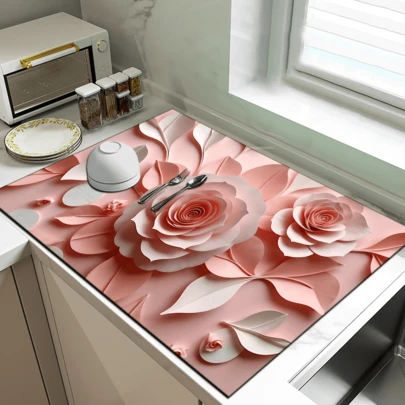 1pc Floral Pattern Absorbent Dish Drying Mat, Home Decor, Suitable For Espresso Machine, Sink, Faucet, Bathroom, Kitchen Accessories