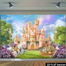 Telón de fondo de castillo de princesa de cuento de hadas, incluye castillo rosa y dorado, flores y mariposas de colores, material de poliéster duradero, sin necesidad de energía, adecuado para fiestas de cumpleaños con temática de princesa, uso en interiores y exteriores, se puede usar como decoración de pared, suministros para fiestas, se adapta a reuniones en el hogar, escenas de habitación de niña, crea una atmósfera de princesa soñadora - Multicolor 2 - Ver 5