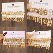 24Pcs/Set Fashion Women Faux Pearl Earrings Classic Simple C-Shaped Twisted Striped Hoop Earrings Suitable For Casual Party Banquet Daily Matching - Gold - View 1