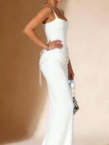 Fitted Fishbone Halter Maxi Dress, Slim-Fitting Solid Color Bodycon Dress, Suitable For Formal Occasions Such As Weddings, Parties, Banquets, And Evening Gowns With Long Trains. - 白色 - 查看 5