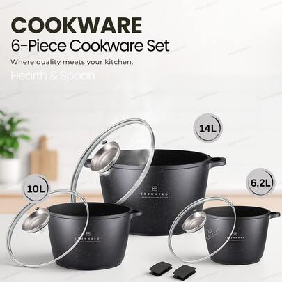 Hoogwaardige 6-delige antiaanbakpannenset, aluminium pannen met granietcoating en glazen deksels, geschikt voor inductiekookplaten, lichtgewicht en hittebestendig, keukenpannenset voor koken, stoven en dagelijkse familiemaaltijden.