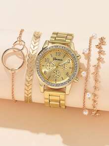 1pc Ladies Watch Gold Watch Rhinestone Decor Quartz Watch & 4pcs Bracelet Holiday - Gold - View 5