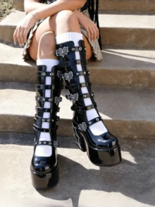 Y2k Style Women's Knee High Boot Solid Color  Buckle Round Toe Punk Motorcycle Nightclub Cosplay Shoes - 黑色(2) - 查看 3