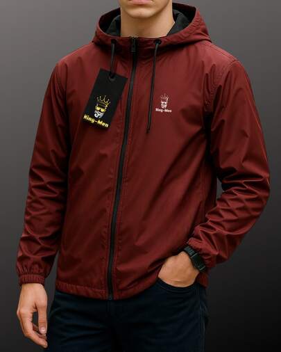 Jaqueta Corta Vento Masculina  KING-MEN  Casual Outono Inverno com Cordão e Bolso Zíper Ideal Para corridas e caminhadas