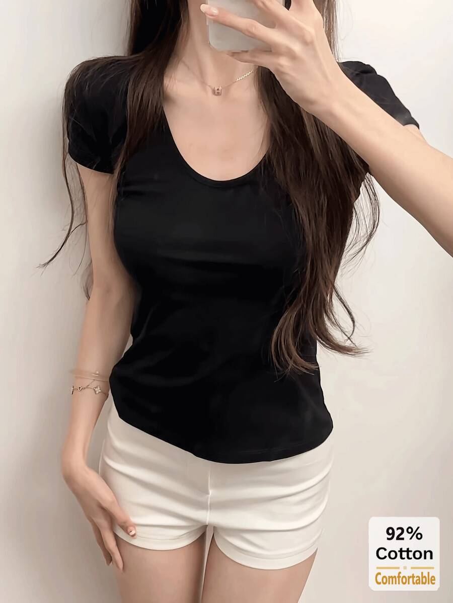 Áo thun nữ cổ chữ U tay ngắn màu trơn, áo lót dáng ôm đa năng thoải mái cho mùa hè màu đen. - màu đen - Xem 1