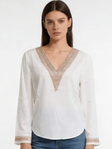New Women's V-Neck Long Sleeve White Blouse, Elegant & Fashionable Casual Satin Chiffon Top - White - View 2