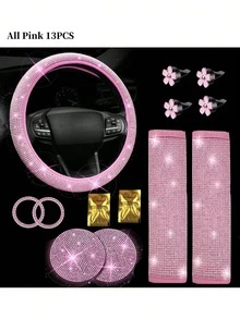 7件套汽车配件套装,女士汽车配件,亮面方向盘套,亮面汽车杯垫,亮面套装,安全带肩垫,圆形Logo贴纸,换挡杆套 - 款式A - 查看 29