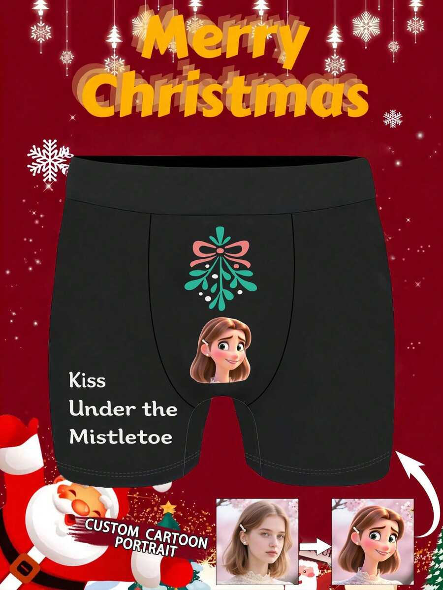 1pc Customizable Cartoon Character Portrait Pattern Black Comfortable Personalized Boxer Briefs, Christmas Gift, Cute & Fun, Skin-Friendly, Unique Personalized Underwear, Ideal Gift For Him And Boyfriend, Suitable For Weddings, Anniversaries, Birthdays And Holidays - Multicolor - View 1