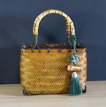 Handmade Tote Bag Made Of Bamboo Fabric With Bamboo Pendant, Exquisite And Classic, Made Using Traditional Craftsmanship. - 黃色 - 查看 1