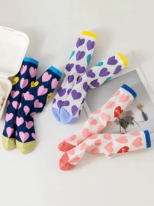 3双情侣爱心图案中筒袜，简约可爱，适合作为情人节礼物，四季皆宜 - 彩色 - 查看 8