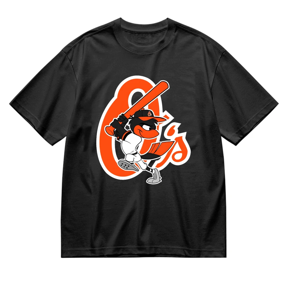 Men's Cotton Short Sleeve T-Shirt Round Neck Crewneck Baseball Team Logo Graphic Tee - Baltimore Orioles Bird With Bat And Orange O Design Printed On Front - Perfect For Baseball Fans Game Day Wear Sports Events Team Spirit Outfit Casual Streetwear For Men At Stadiums Or Watching Games At Home - 黑色 - 查看 1