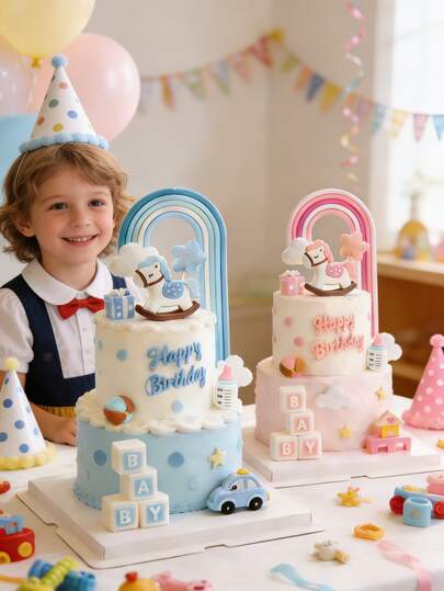 1个可爱粉蓝特洛伊木马摆件及蛋糕装饰 - 卡通马装饰，适合宝宝性别揭晓派对、满月、百日礼、周岁生日派对等场合。无玩耍功能，不适合儿童玩耍。