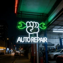 1个白色和蓝色扳手形状的LED霓虹灯车库墙面装饰招牌，USB字母车库招牌，车库门汽车修理店霓虹灯