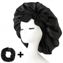2pcs/Set "Spacious Space" Luxurious Solid Color Satin Bonnet With Satin Scrunchies Large Soft Silky Satin Bonnet For Sleeping Satin Hair Bonnet Night Cap Hair Care Hat With Tie Band Bonnets For Curly/Braided/Natural Hair, Available In Multiple Colors, Essential For Nighttime Hair Care, Soft And Close Fit For Hair, Premium Bathroom Accessories, Barber Salon Hair Products And Accessories, Beauty Travel Essentials - Multicolor - View 10