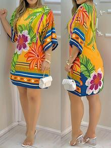 Đầm ngắn tay in họa tiết nhiệt đới mùa xuân dành cho nữ, kiểu dáng Brazil thường ngày, thích hợp cho kỳ nghỉ hè, thanh lịch. - nhiều - Xem 1