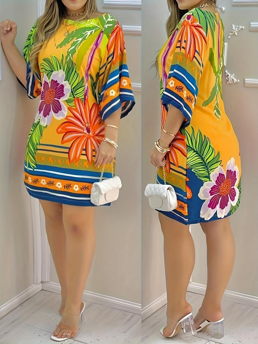 Đầm ngắn tay in họa tiết nhiệt đới mùa xuân dành cho nữ, kiểu dáng Brazil thường ngày, thích hợp cho kỳ nghỉ hè, thanh lịch. - nhiều - Xem 1
