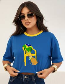 Women's Oversized Cropped Top With Flag Print, Brazil Style, Casual And Comfortable Look - Màu xanh lam - Xem 1