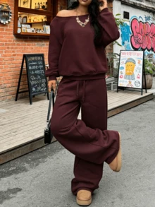 Women's Burgundy Spring 2 Piece Set Matching Tracksuit Oversized Crew Neck Long Sleeve Sweatshirt & Drawstring Waist Wide Leg Sweatpant For Valentine's Day, Daily & Going Out - Burgundy - View 5