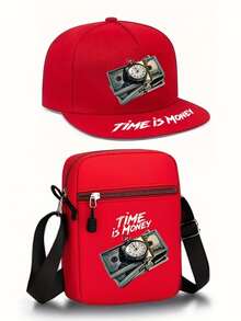 1pc/2pcs "Time Is Money" Dollar Bill Graphic Print Baseball Cap And Crossbody Bag Set, Streetwear Fashion Outdoor Sports Adjustable Flat Brim Cap And Shoulder Bag, Valentine''s Day & Anniversary Gift - Multicolor - View 7