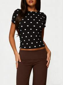 Polka Dot Tops For Women Y2K Short Sleeve Crop Top Vintage Cute Slim Fit Crew Neck Shirt Going Out Streetwear - 黑色 - 查看 3