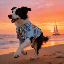 1件宠物狗/猫夏威夷衬衫，浅蓝色棕榈树和花卉印花，翻领纽扣设计，透气宠物服装，适合春夏穿着，热带印花翻领短袖沙滩风休闲装