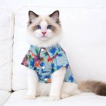 1件宠物狗/猫夏威夷衬衫，浅蓝色棕榈树和花卉印花，翻领纽扣设计，透气宠物服装，适合春夏穿着，热带印花翻领短袖沙滩风休闲装