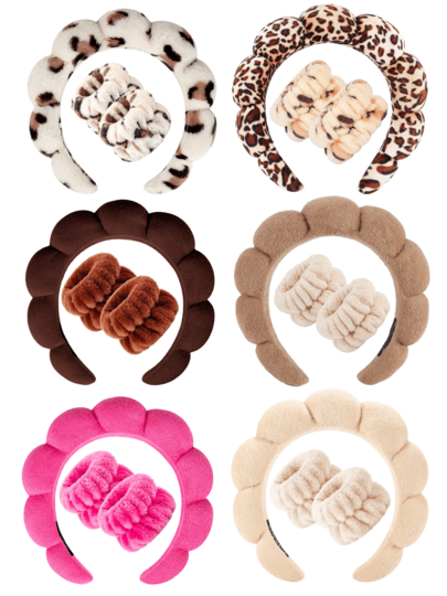1pc Face Wash Headband/2pcs Face Wash Wristbands/3sets Spa Headbands, Makeup Headbands, Face Wash Headbands, Skincare Headbands, Pink Plush Plush Sponge Headbands, Bow, Bubble, Women And Girls Hair Accessories Set