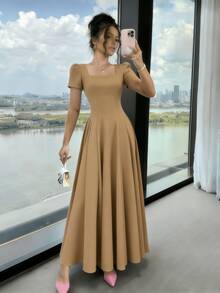 Long Dress With Short Sleeves, Square Neckline, Solid Color, Elegant, Sizes S M L - Khaki - View 4
