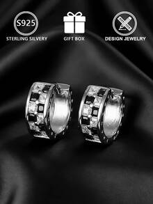1pc 925 Sterling Silver Black & White Contrast Rhinestone Rivet Square Hoop Earrings (Cool Black Rhinestone Style), Gift Box, Suitable For Daily Wear And Holidays - Silver - View 4