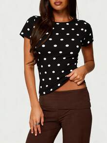 Polka Dot Tops For Women Y2K Short Sleeve Crop Top Vintage Cute Slim Fit Crew Neck Shirt Going Out Streetwear - 黑色 - 查看 2