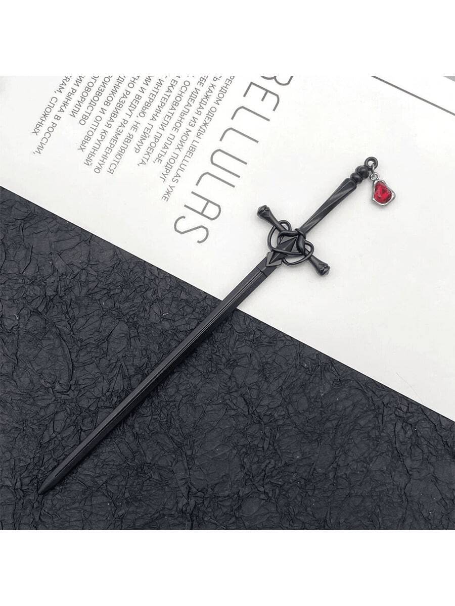 1pc Women's Sword Hairpin With Ruby Pendant, Minimalist Elegant Headpiece