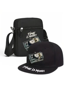 1pc/2pcs "Time Is Money" Dollar Bill Graphic Print Baseball Cap And Crossbody Bag Set, Streetwear Fashion Outdoor Sports Adjustable Flat Brim Cap And Shoulder Bag, Valentine''s Day & Anniversary Gift - Multicolor - View 4