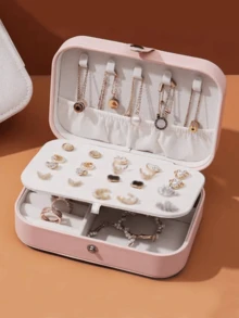 1个多功能旅行PU皮革首饰盒，首饰耳环项链收纳盒，化妆品口红首饰整理盒，大容量带扣皮革首饰盒，情人节、生日、开学礼物 - 彩色 - 查看 6