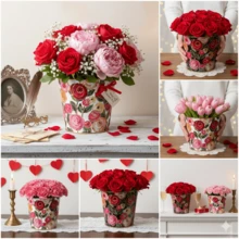 2pcs Heart Shaped Planter - Romantic Rose Bouquet Decor Bucket, Vintage Style Metal Vase, Suitable For Wedding, Anniversary And Home Decor Gifts - Rose Red - View 5