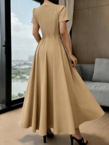 Long Dress With Short Sleeves, Square Neckline, Solid Color, Elegant, Sizes S M L - Khaki - View 3