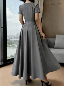 Long Dress With Short Sleeves, Square Neckline, Solid Color, Elegant, Sizes S M L - Grey - View 3