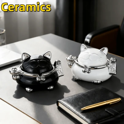 1个猫形陶瓷烟灰缸带盖 - 可爱设计，适用于室内外家庭办公室书桌吧台，完美礼品和赠品