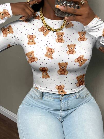 大码小熊波点印花修身短款长袖T恤