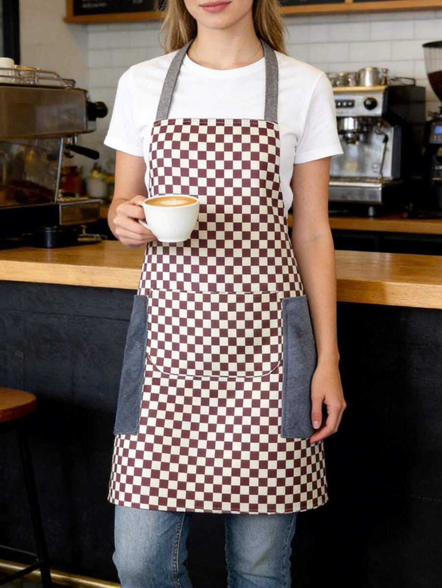 Sleeveless Apron With Large Pocket,Waterproof,Plaid Design,Easy To Clean,Perfect For Home - Brown - View 1