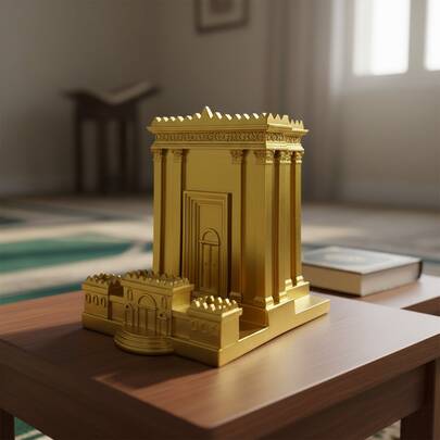 1pc 15cm Tall Temple Of Solomon Replica, Golden Metal Finish With Intricate Carvings & Classical Architecture, Religious Historical Model In Gold Color, Rectangular Shape With Pillars & Arched Doorway, Detailed Roof & Facade Design – Ideal For Home Altar, Religious Study, Christian Gifts, Church Decor & Biblical Education, Year-Round Spiritual Display