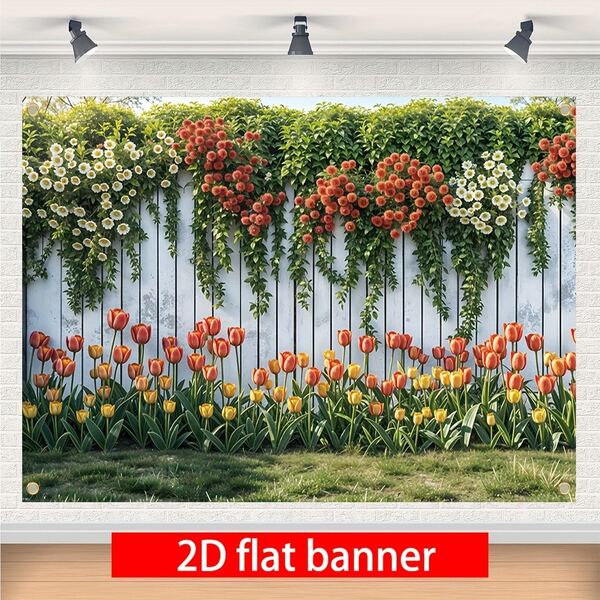 1pc 2D Flat Banner, Spring Floral Fence Background, European White Wooden Trellis Covered In Greenery And Colorful Tulips, Daisies Pattern, Suitable For Spring Theme Parties And Celebrations, Studio Use, Polyester Material.