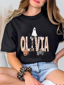 Personalizado Chicas Caen Doodle Halloween Truco O Tratar Camiseta| Custom Boos Camiseta - Negro - Ver 1