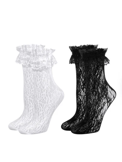 1/2 Pairs Lace Trim Thin Socks, Sexy Black & White Hollow Fishnet Socks, Suitable For Daily Wear, Lolita & JK Style, Can Be Worn For Indoor Activities Like Yoga & Pilates, Women Lace Mid-Calf Socks, Lightweight & Breathable