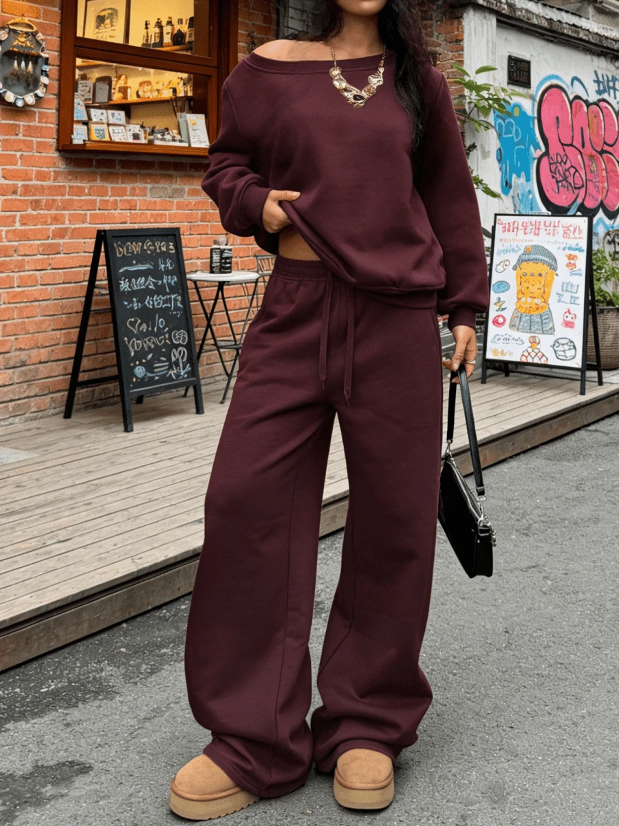 Women's Burgundy Spring 2 Piece Set Matching Tracksuit Oversized Crew Neck Long Sleeve Sweatshirt & Drawstring Waist Wide Leg Sweatpant For Valentine's Day, Daily & Going Out - Burgundy - View 1