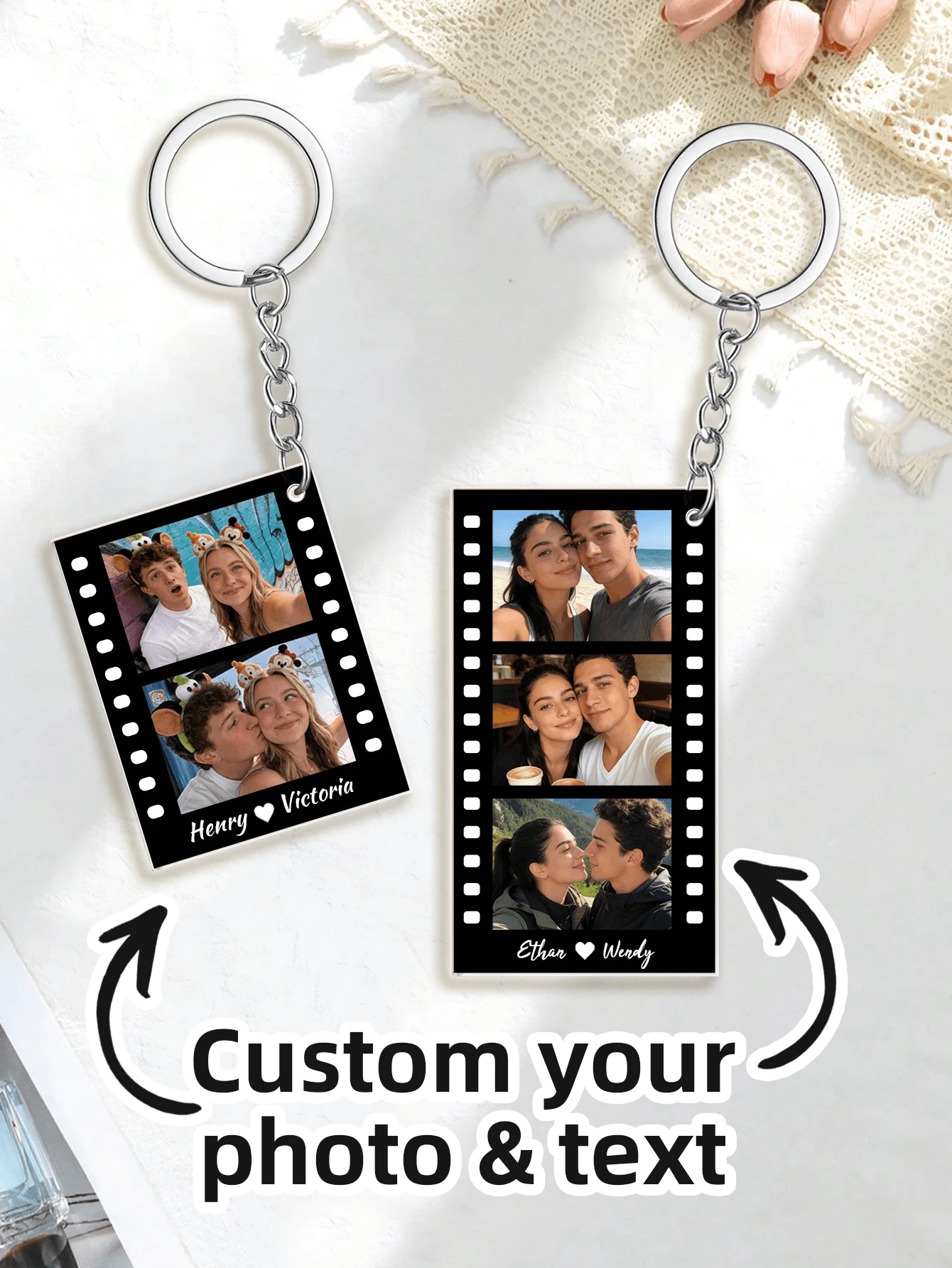 1-4pcs Customized Photo Acrylic Keychain - Personalized Couples Photo Keychain, Valentine's Day Anniversary Gift, Custom Name Keychain, Couples Keychain Suitable For Both Men And Women, Romantic Meaningful Design, Ideal For Couples, Him, Her, Boyfriend, Girlfriend, Husband, Wife, Perfect For Valentine's Day, Anniversaries, Daily Commemoration - Multicolor - View 1