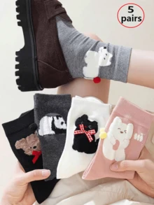 5 Pairs Cartoon Animal Flocked Mid-Calf Socks, Harajuku Style Socks, Suitable For All Seasons - Multicolor - View 1