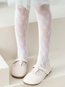 1件幼童女孩透氣的白色蕾絲蝴蝶圖案薄絲襪,舒適無縫緊身褲襪,適合日常穿著和搭配小皮鞋
